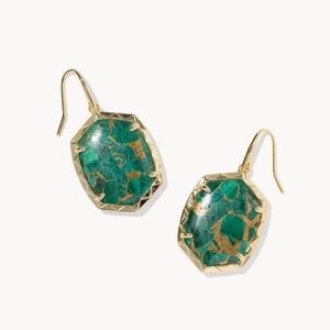 Kendra Scott Daphne Gold Drop Earrings Bronze Veined Green Malachite NWT